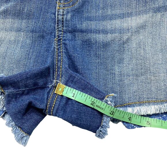BONGO Peekaboo Pocket Denim Cutoff Shorts Size 7 Raw Hem Blue Lace Boho Midrise - Picture 8 of 8